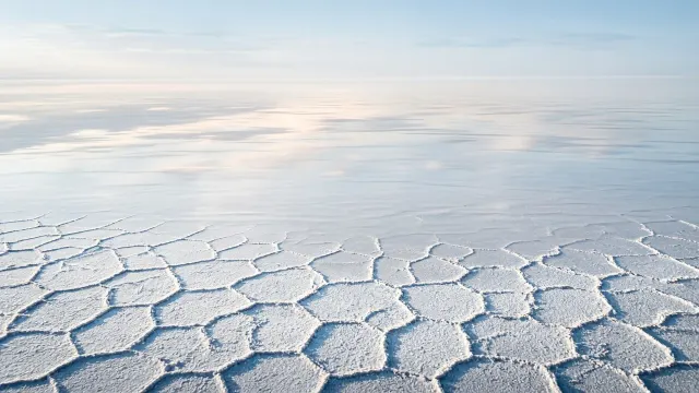 Geometric Salt Pan Hexagons Under Crisp Low-Angle Sun