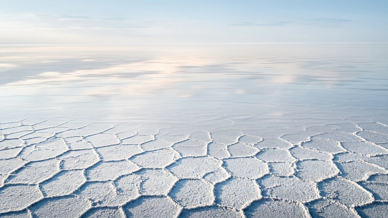 Geometric Salt Pan Hexagons Under Crisp Low-Angle Sun