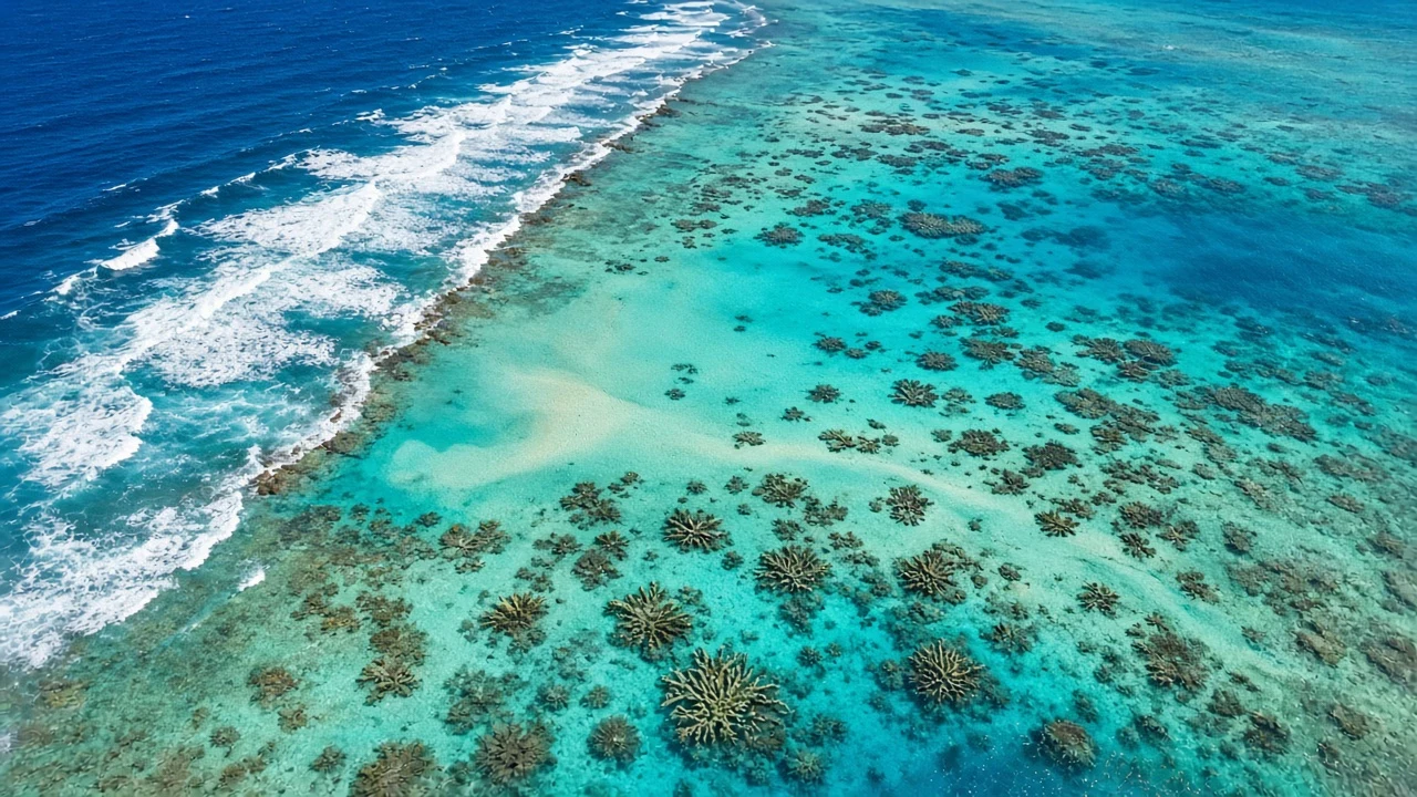 Aerial High-Altitude Panorama of Coral Atoll Rim Separating Rough Ocean from Glassy Lagoon