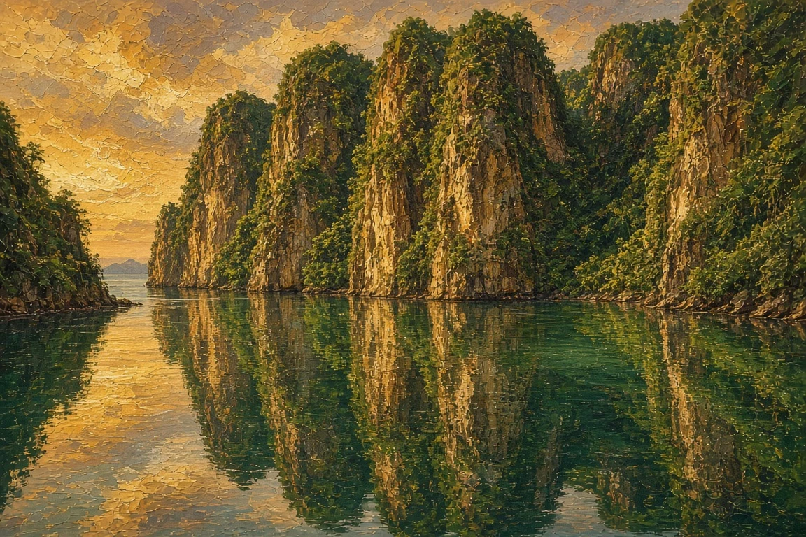 Textured Oil Painting of Secluded Karst Limestone Lagoon Bathed in Warm Sunset Glow
