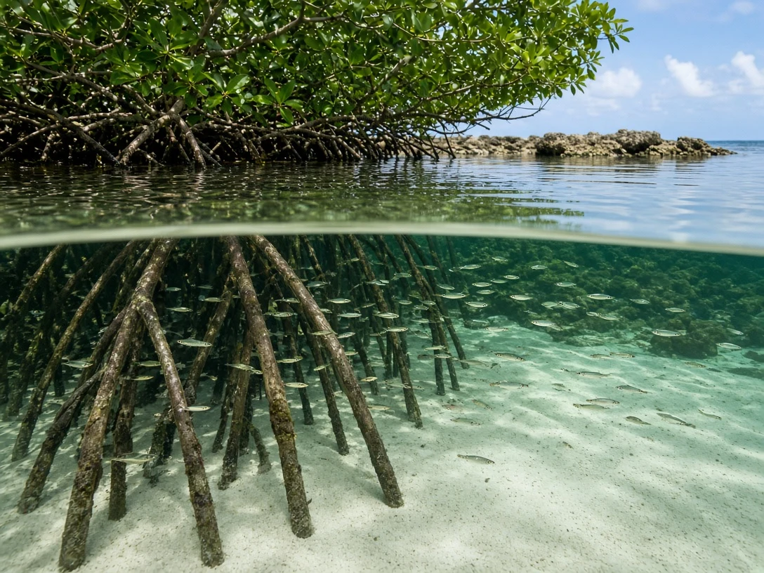 Split-Level Over-Under Photography of Mangrove-Bordered Saltwater Lagoon