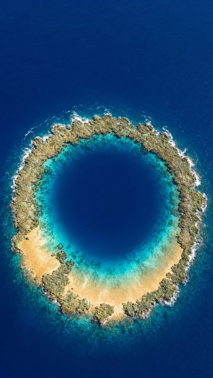 Top-Down Vertical Drone View of Circular Faru Ring Reef Enclosing Deep Blue Hole