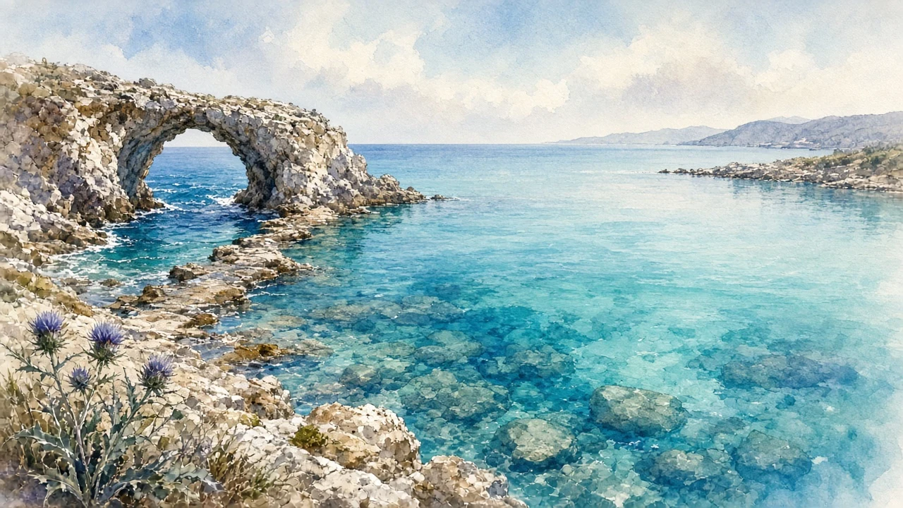Luminous Watercolor of Secluded Aegean Tombolo Lagoon with Natural Rock Arch