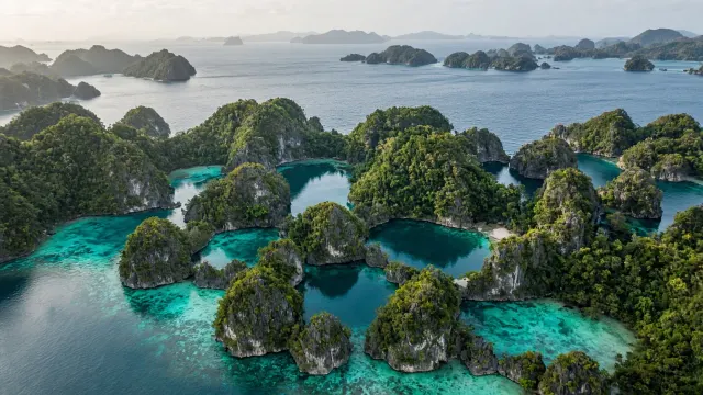 Panoramic Drone Vista of Raja Ampat Karst Domes Enclosing Labyrinthine Marine Pools