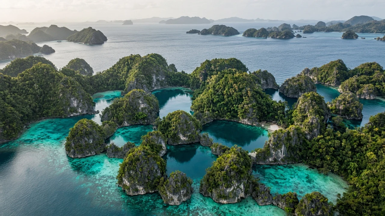 Panoramic Drone Vista of Raja Ampat Karst Domes Enclosing Labyrinthine Marine Pools