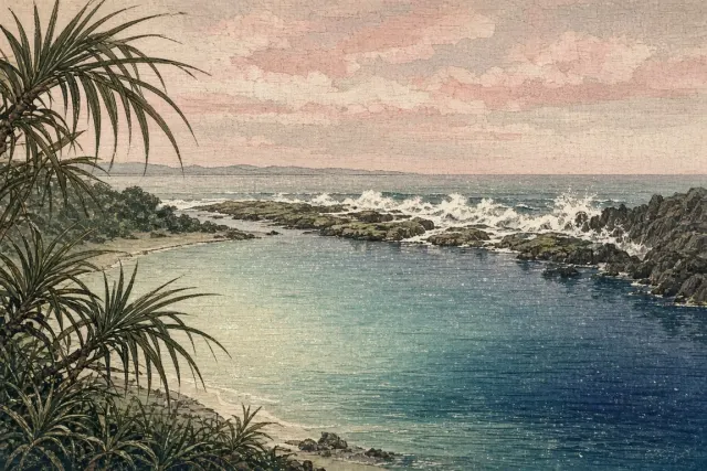 Japanese Shin-Hanga Woodblock Print of Enclosed Tropical Cove and Barrier Shoal
