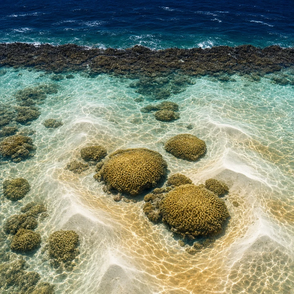 Telephoto View of Submerged Sand Dunes and Coral Shallows Inside Sheltered Lagoon