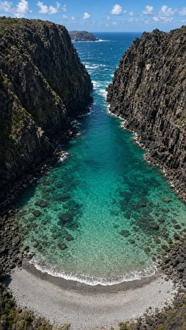 Vertical Aerial Perspective of Hidden Bay Lagoon Enclosed by Towering Volcanic Bluffs