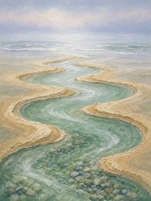 Textured Gouache Painting of Sandbar Enclosed Coastal Basin Under Soft Morning Mist