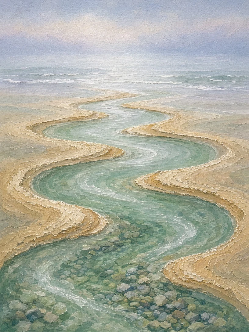 Textured Gouache Painting of Sandbar Enclosed Coastal Basin Under Soft Morning Mist