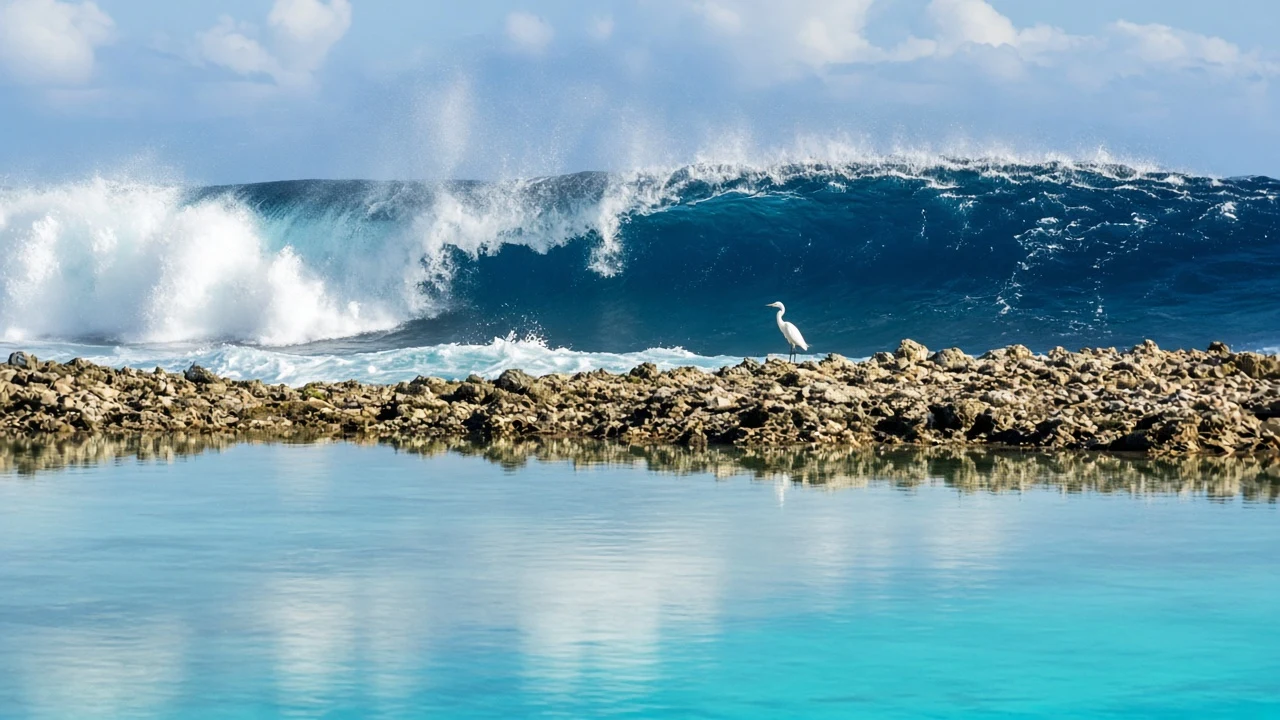 Telephoto Layering of Outer Ocean Breakers Contrasted with Motionless Inshore Lagoon