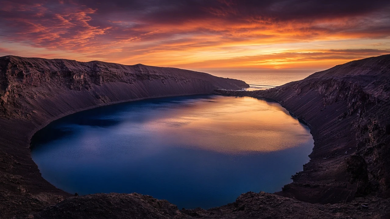 Sunset View Across a Drowned Volcanic Caldera Lagoon with Distant Sea Breaches