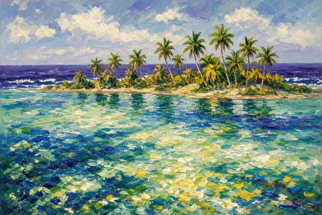 Impressionist Canvas of Sun-Dappled Polynesian Motu Lagoon in Vibrant Cerulean