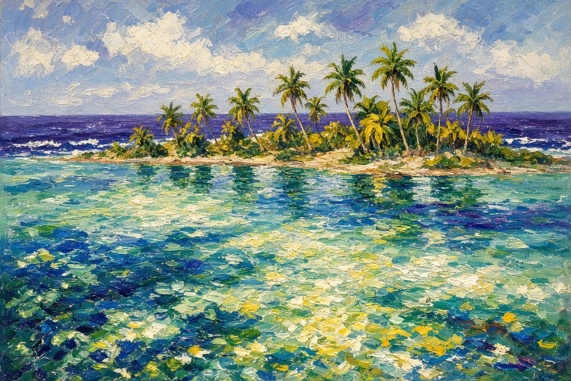 Impressionist Canvas of Sun-Dappled Polynesian Motu Lagoon in Vibrant Cerulean