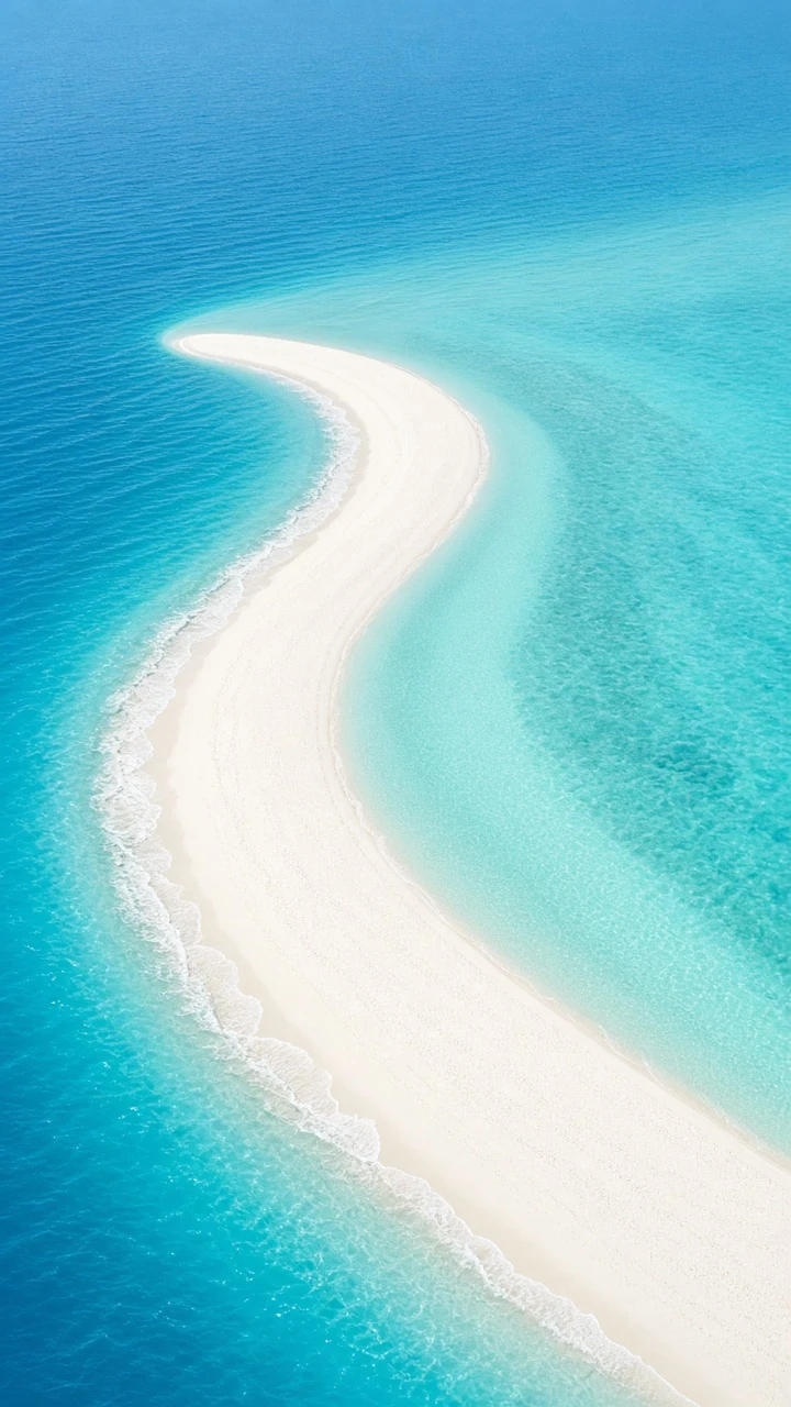 Minimalist Drone Composition of Curved White Sand Spit Slicing Through Aquamarine