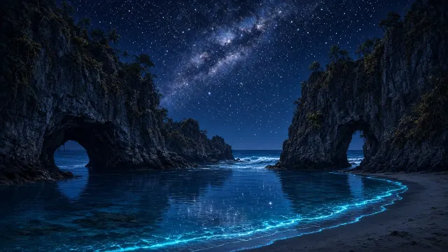 Digital Matte Painting of Moonlit Bioluminescent Enclosed Lagoon Under Starlight