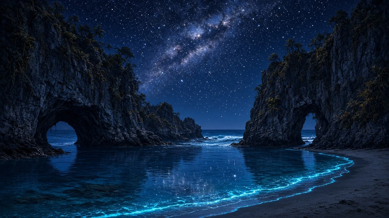 Digital Matte Painting of Moonlit Bioluminescent Enclosed Lagoon Under Starlight