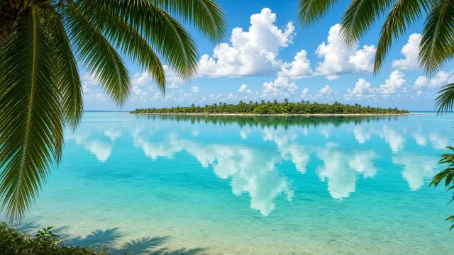 Large Format Film Landscape of Rangiroa Blue Lagoon Framed by Coconut Fronds