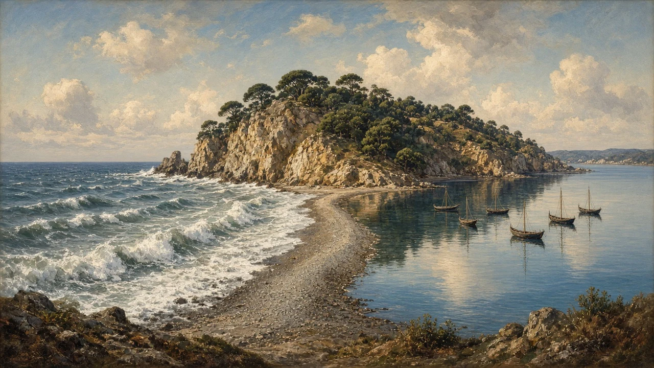 Classical Panoramic Oil Landscape of Mediterranean Coastal Tombolo Lagoon