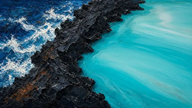 Contemporary Acrylic Painting of Tropical Lagoon Enclosed by Black Basalt Reef