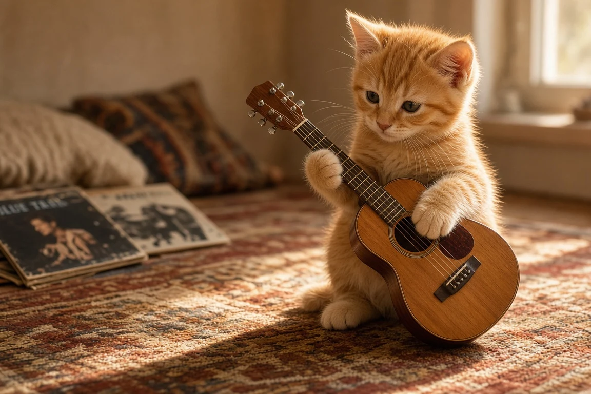 Ginger Tabby Fingerpicking Miniature Sunburst Acoustic on Woven Rug