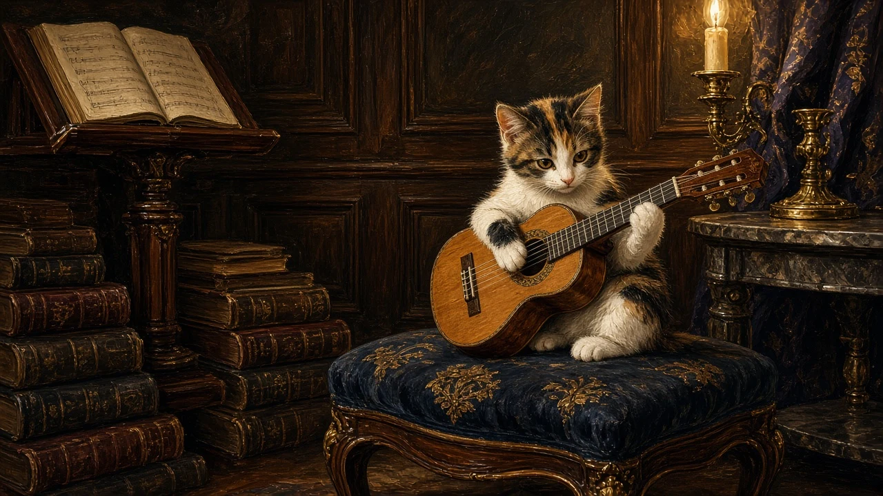 Calico Kitten Performing Classical Nylon Guitar in Antique Parlor