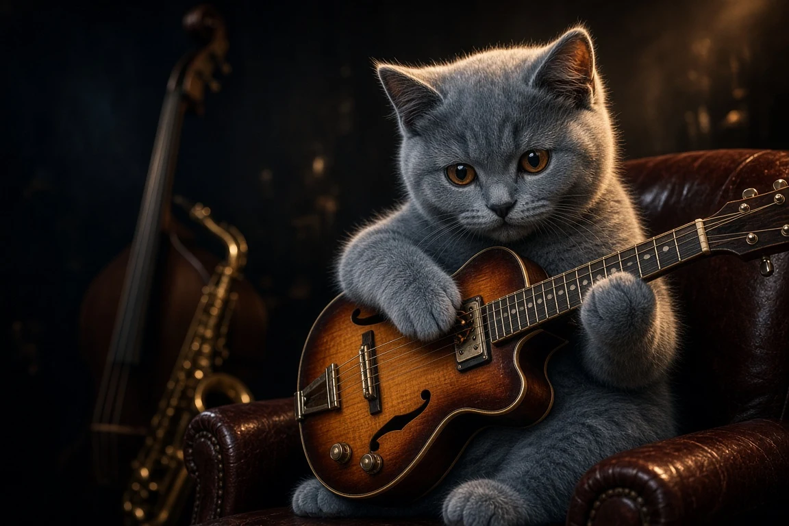 British Shorthair Blue Playing Micro Archtop Jazz Guitar Under Amber Spotlight