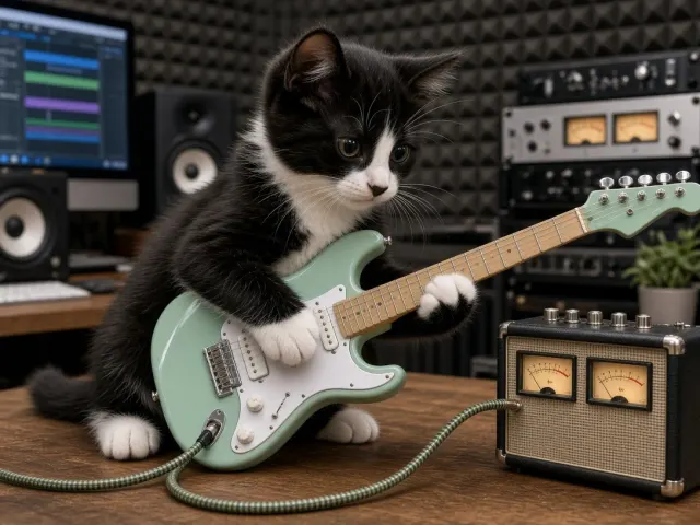 Tuxedo Kitten Recording Electric Guitar Riffs in Home Sound Studio