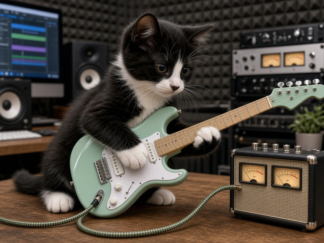 Tuxedo Kitten Recording Electric Guitar Riffs in Home Sound Studio