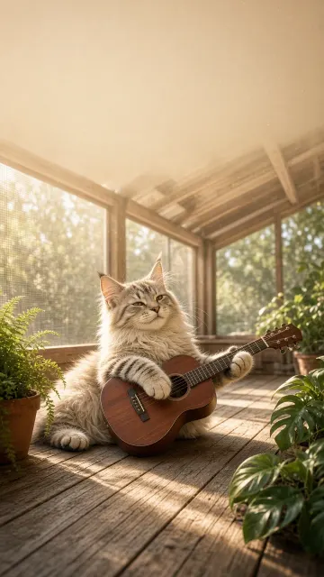 Sunlit Sunroom Porch Jam with Fluffy Cream Maine Coon Kitten