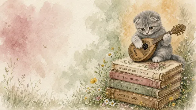 Whimsical Watercolor of Scottish Fold Kitten Strumming on Bookshelf Meadow