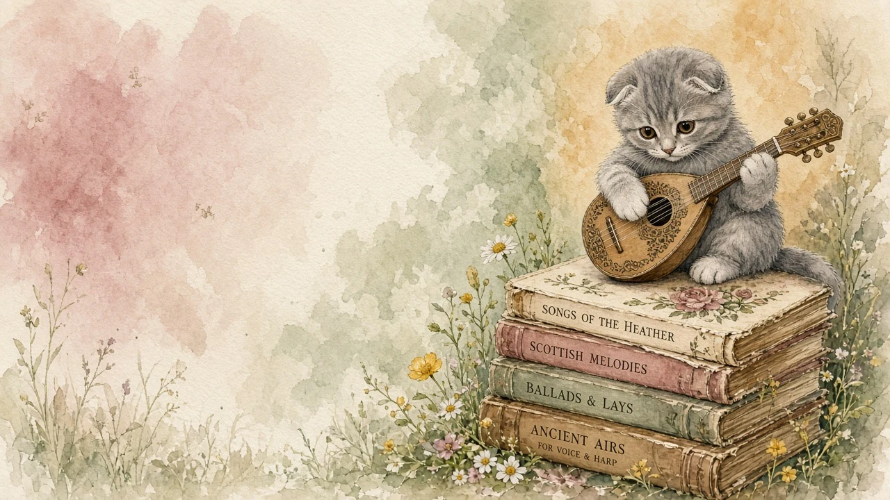 Whimsical Watercolor of Scottish Fold Kitten Strumming on Bookshelf Meadow