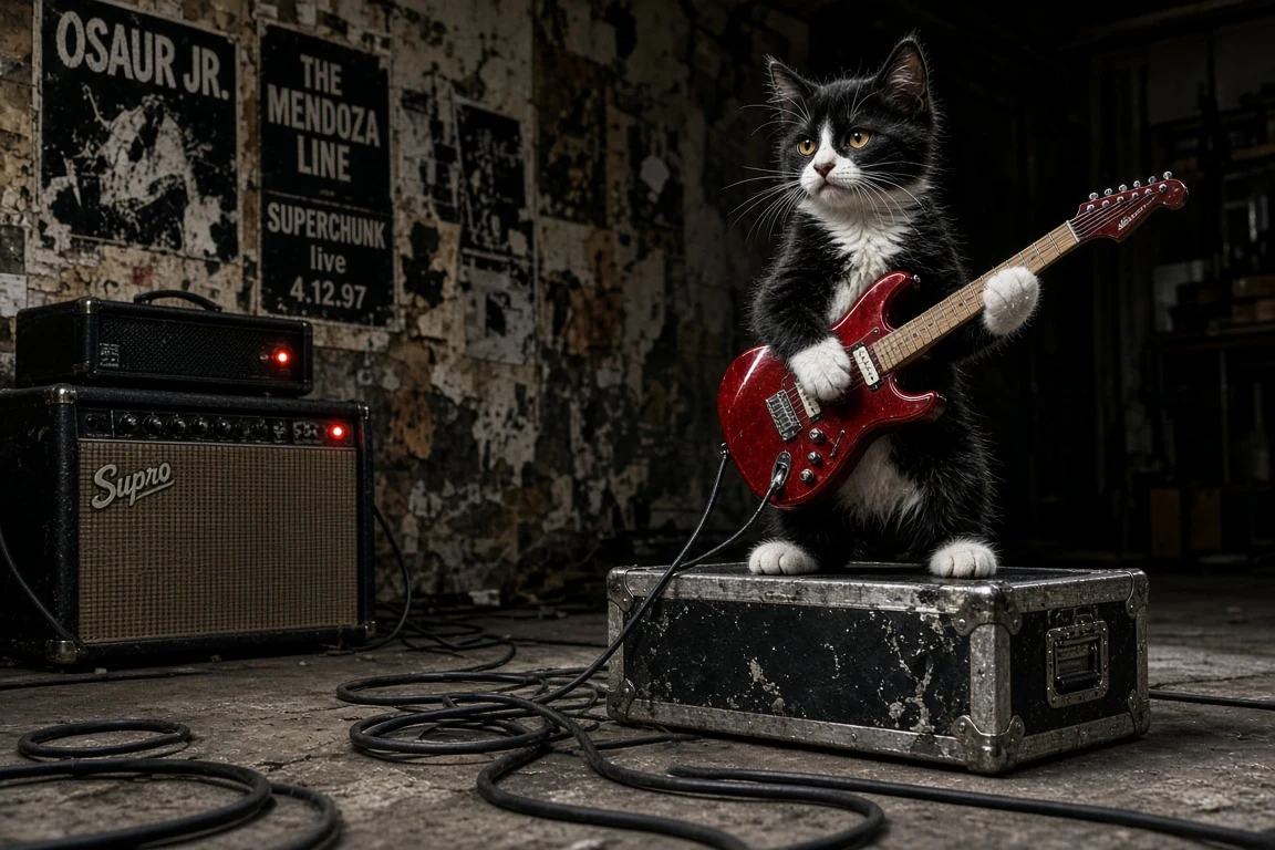 Tuxedo Kitten Playing Punk Rock Guitar in Grungy Garage