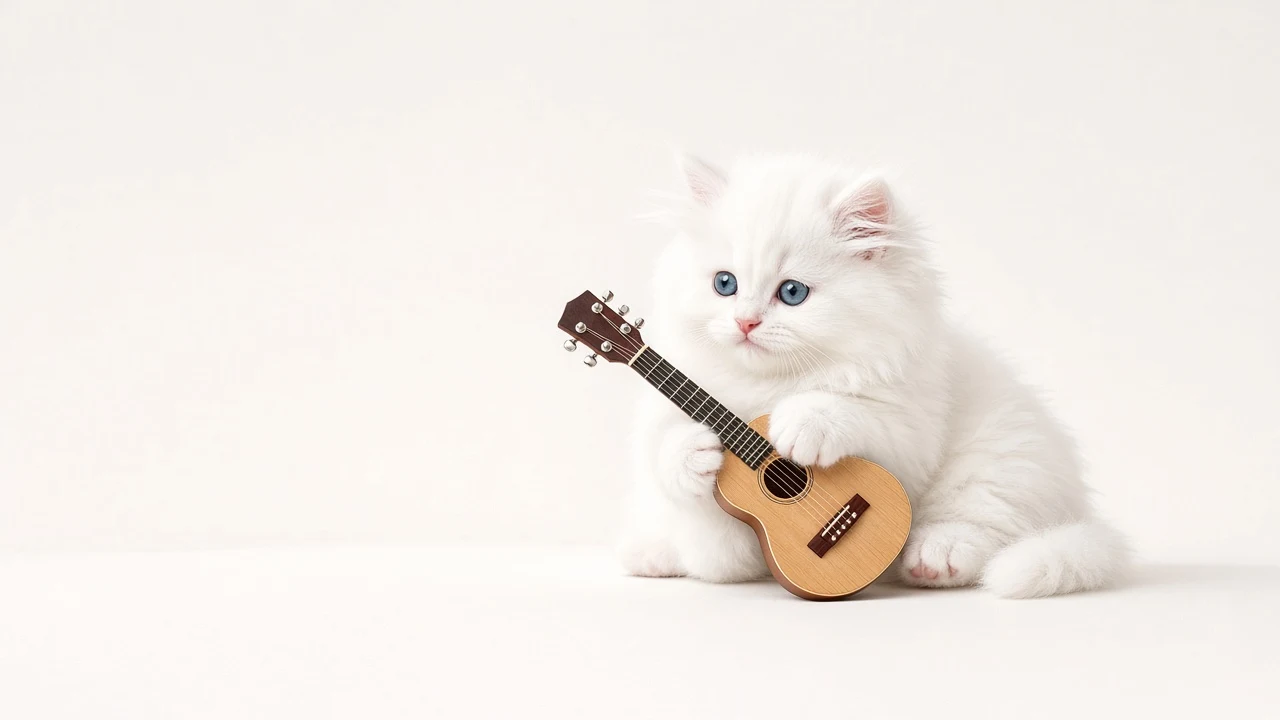 Minimalist Studio Portrait of White Persian Kitten with Rosette Folk Guitar