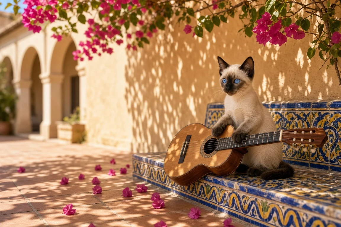Siamese Kitten Strumming Mini Flamenco Guitar on Andalusian Tiled Bench