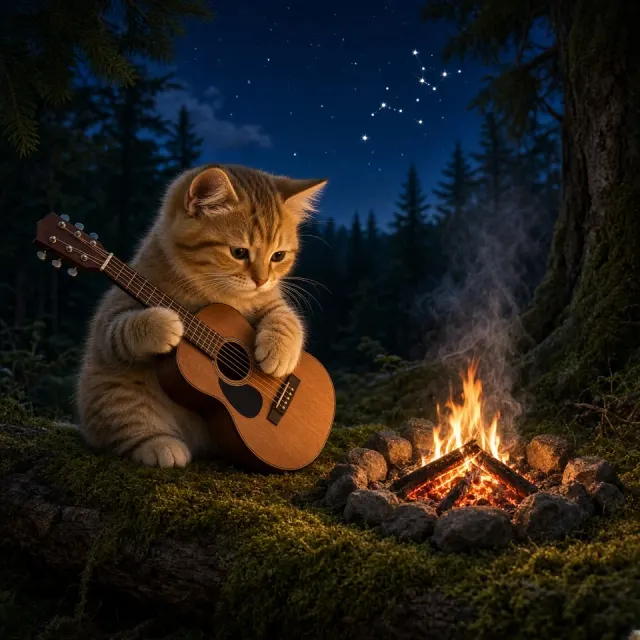 Campfire Starlight Acoustic Jam with Golden Tabby by Woodland Meadow