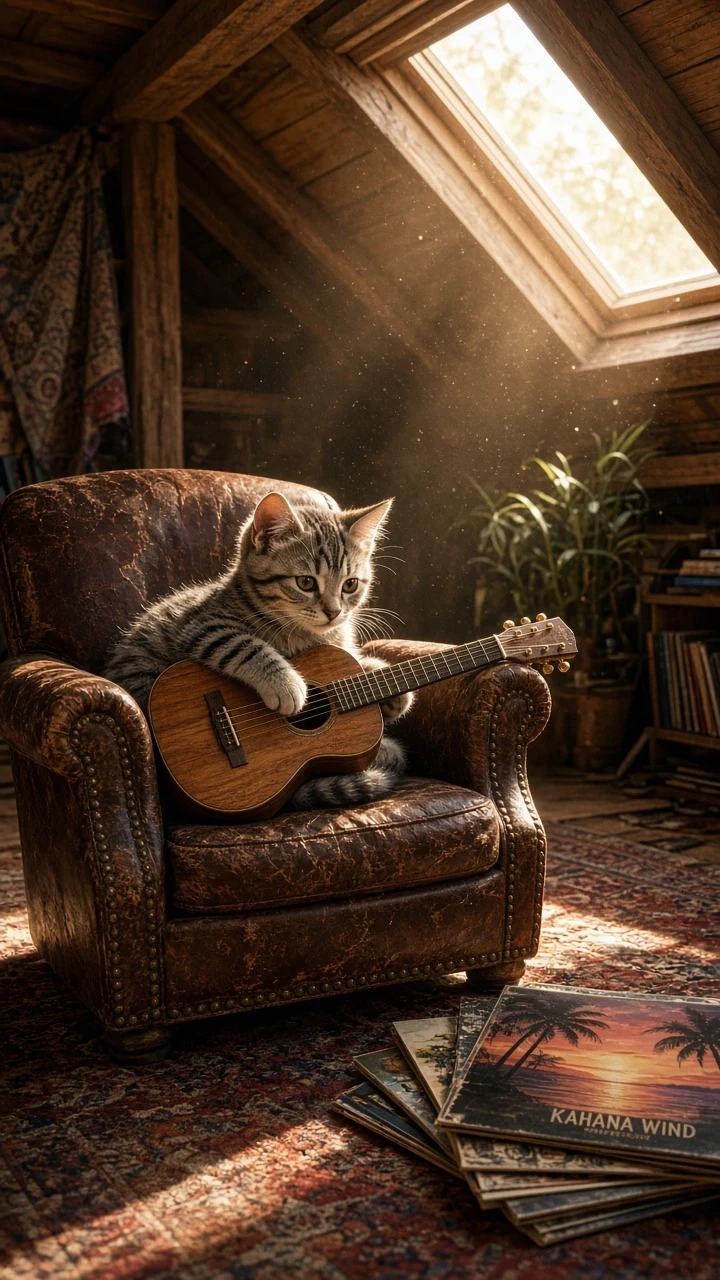 Widescreen Golden Hour Attic Studio with Grey Silver Tabby Kitten