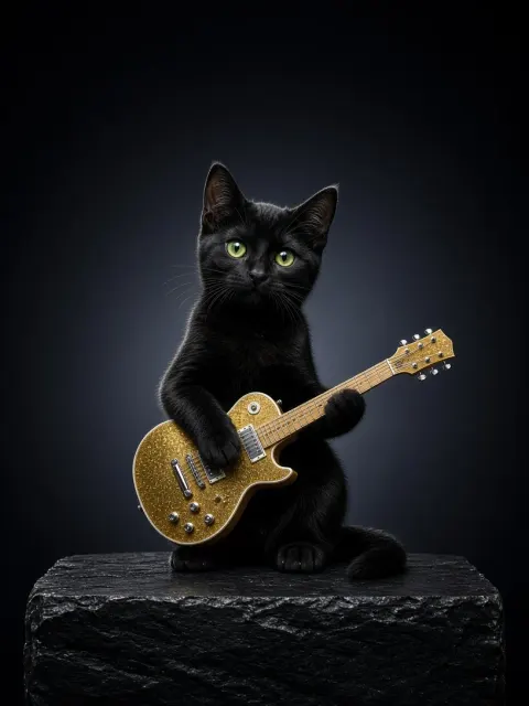 Black Bombay Kitten with Gold Electric Guitar Under Dark Studio Rim Lighting