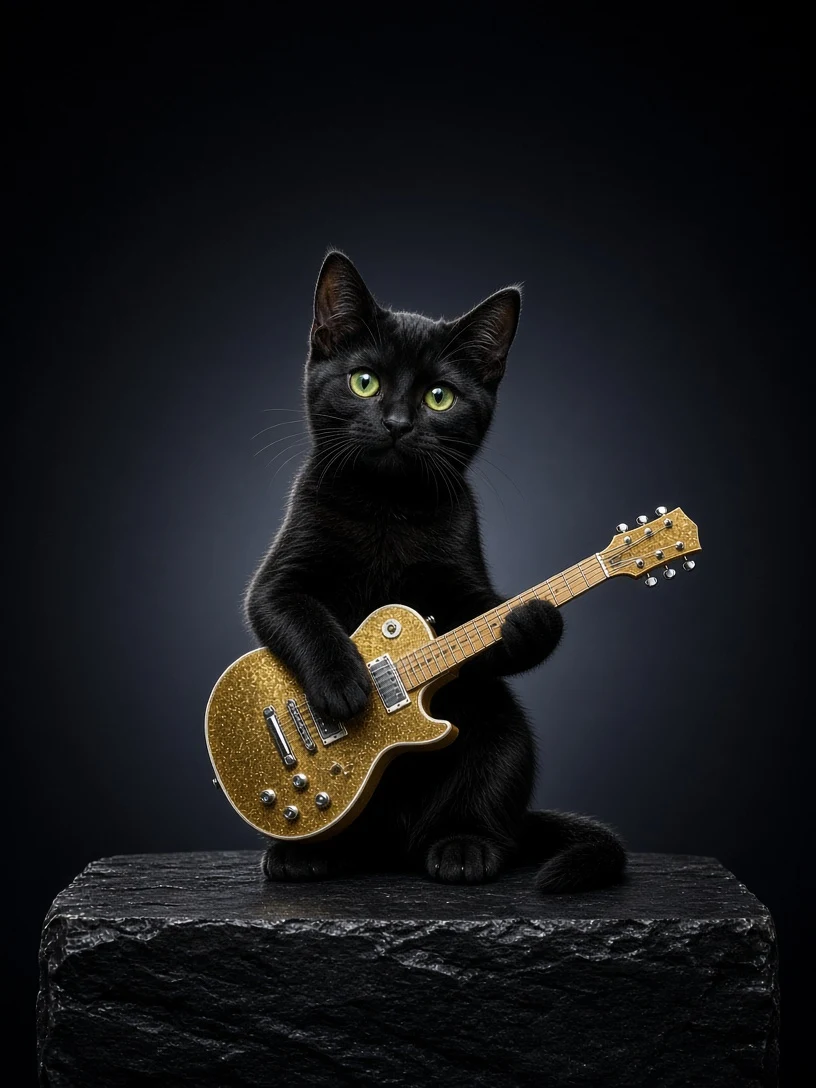 Black Bombay Kitten with Gold Electric Guitar Under Dark Studio Rim Lighting