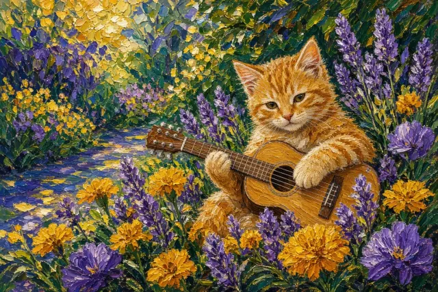 Impressionist Oil Painting of Ginger Kitten Playing Guitar in Flower Garden