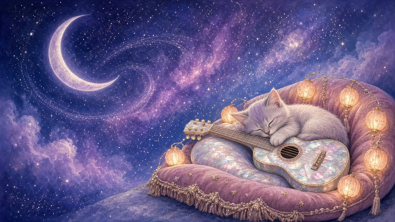 Dreamy Pastel Fantasy Illustration of Sleeping Kitten with Moonlit Guitar