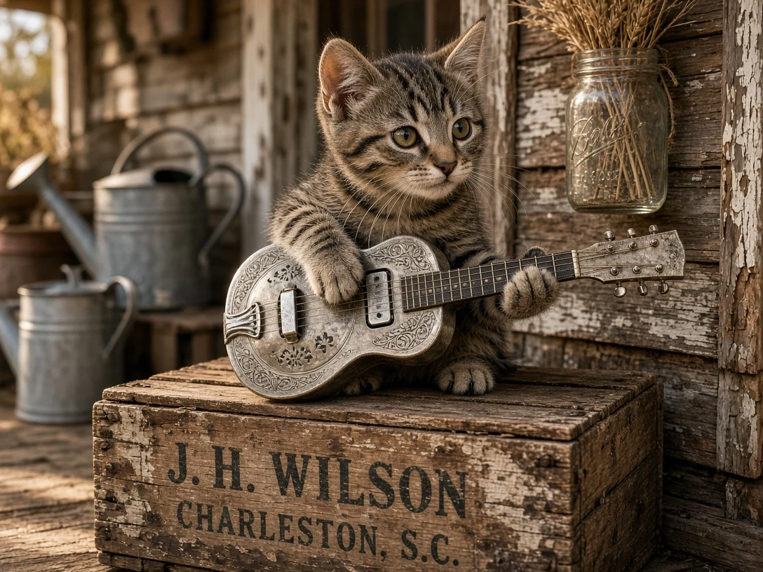 Delta Blues Resonator Guitar Played by Stray Tabby on Rustic Porch