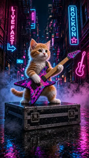 Retro 1980s Neon Synth-Rock Alleyway with Electric Guitar Kitten