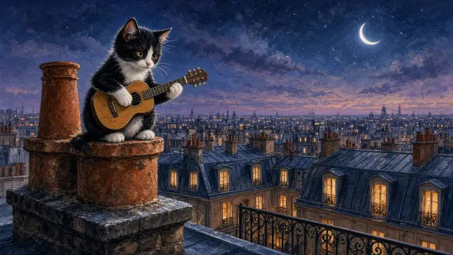 Starlit Chimney Top Ukulele Guitar with Tuxedo Kitten Silhouette