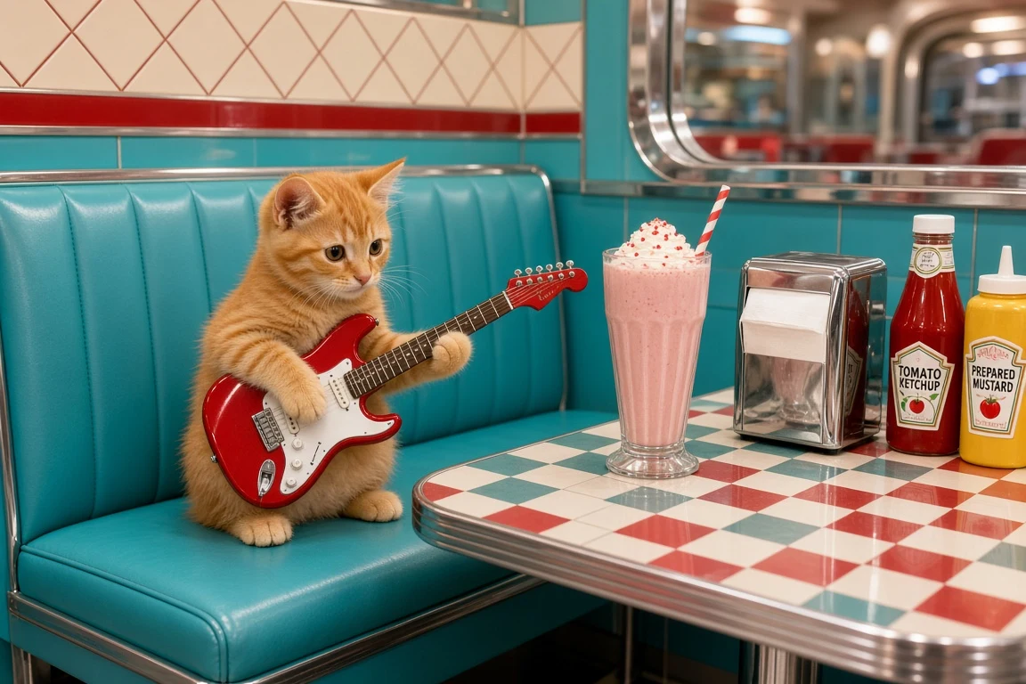Vintage 1950s American Diner Booth Jam with Orange Kitten