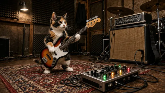 Vertical Action Shot of Calico Kitten Rocking Out in Rehearsal Space