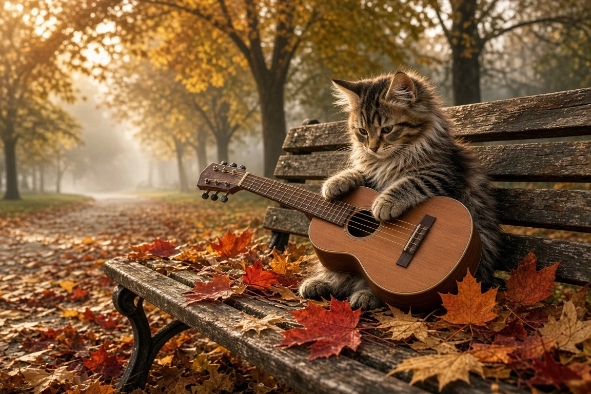 Autumn Park Bench Serenade with Fluffy Brown Tabby Kitten