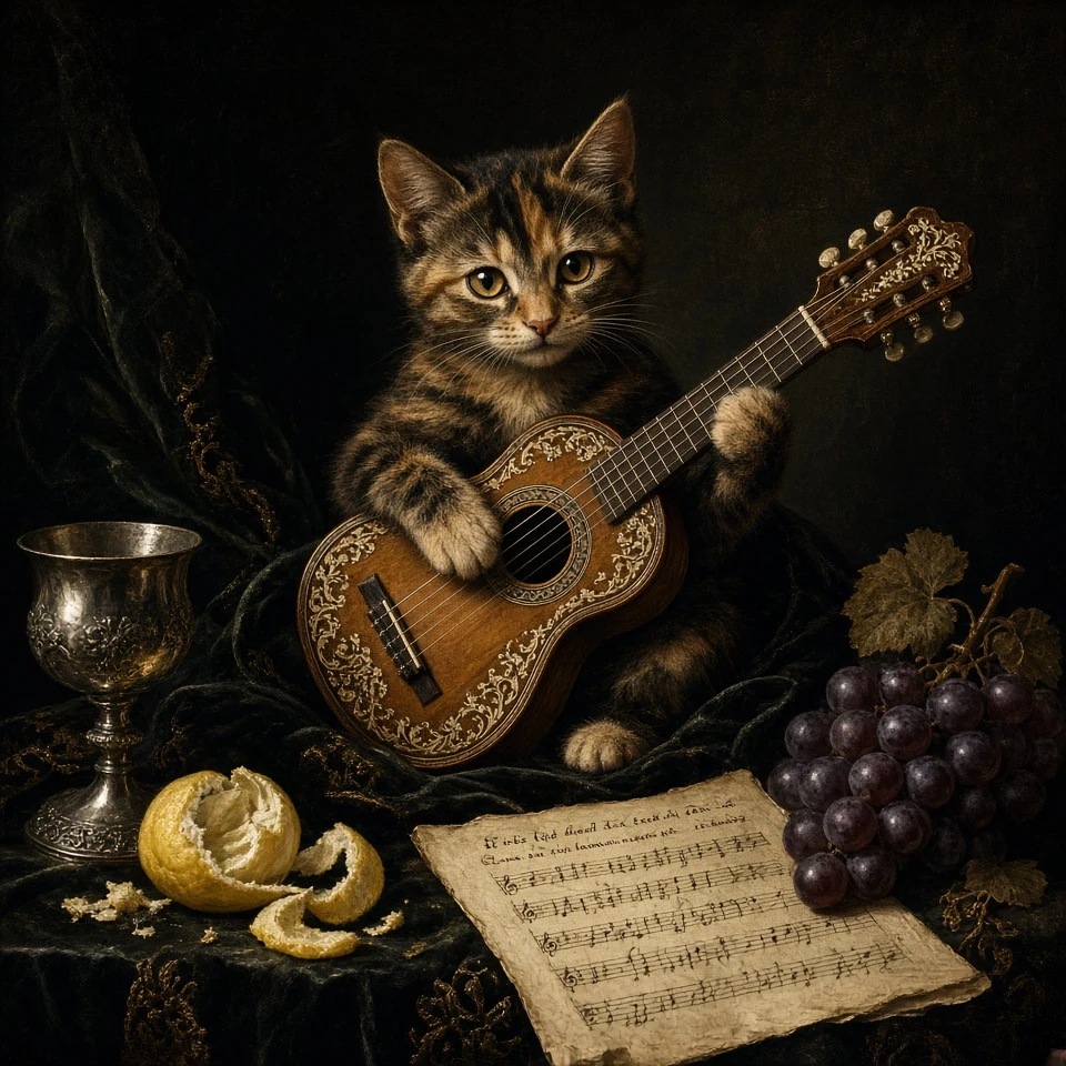 Baroque Still Life Oil Painting with Kitten and Chitarra Battente