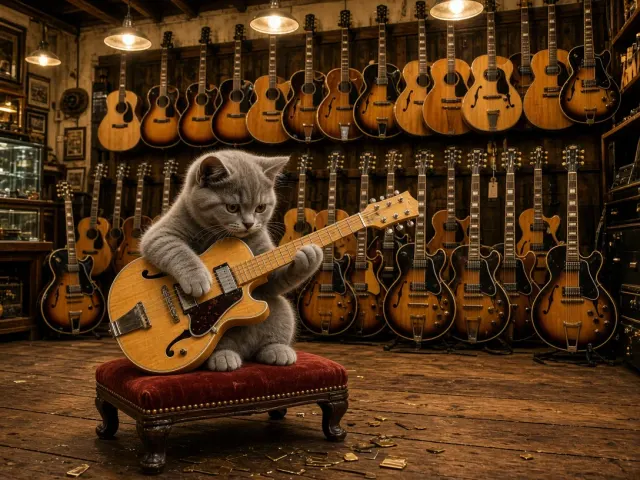 Wide Vintage Music Store Panorama with British Shorthair Kitten
