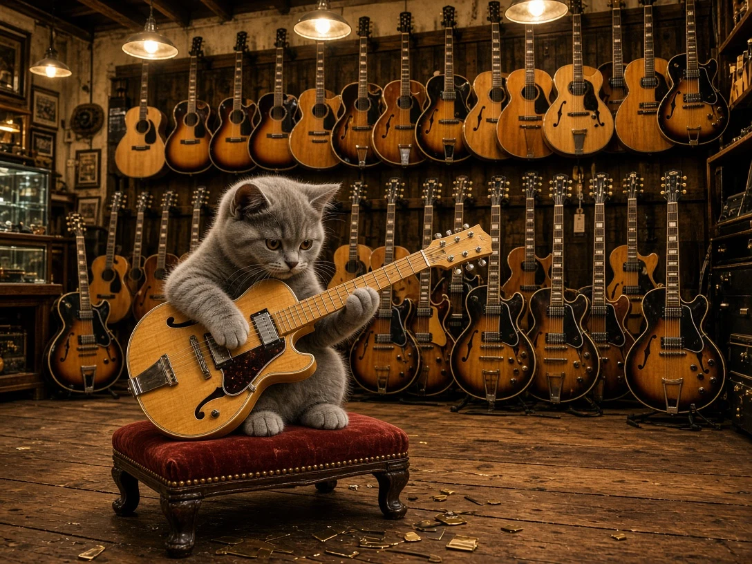 Wide Vintage Music Store Panorama with British Shorthair Kitten